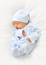 Load image into Gallery viewer, Baby boy coming home outfit,  baby gift, Monogrammed footie, Monogrammed sleeper, blue mini stripes
