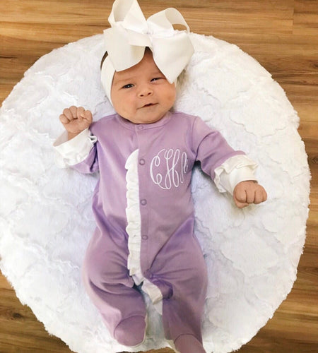 Baby girl coming home outfit, monogrammed footie, ruffle footie lavender, newborn picture outfit, baby girl clothing, baby shower gift,