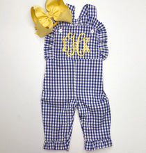 Load image into Gallery viewer, Monogrammed girls outfit, ruffle romper, ruffle longall, personalized girls romper, gingham, corduroy, LTC
