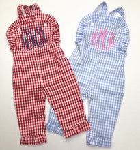 Load image into Gallery viewer, Monogrammed girls outfit, ruffle romper, ruffle longall, personalized girls romper, gingham, corduroy, LTC
