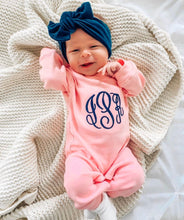 Load image into Gallery viewer, Baby girl coming home outfit, monogrammed romper and bow, baby shower gift, baby girl outfit, monogrammed outfit, monag
