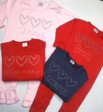 Load image into Gallery viewer, Mystery Valentines Trio Heart Design, Personalized Valentines Shirt, boys valentines outfit, girls valentines top, sk creations
