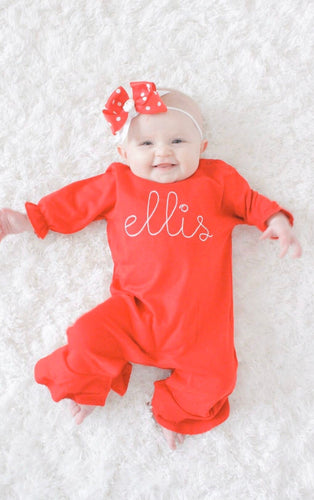 Baby girl Christmas outfit, monogrammed ruffle romper, Baby girl Christmas outfit, newborn clothing, pima cotton, sleeper, sk creations