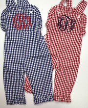 Load image into Gallery viewer, Monogrammed girls outfit, ruffle romper, ruffle longall, personalized girls romper, gingham, corduroy, LTC
