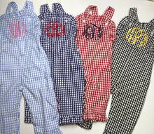 Load image into Gallery viewer, Monogrammed girls outfit, ruffle romper, ruffle longall, personalized girls romper, gingham, corduroy, LTC
