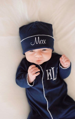 Baby boy coming home outfit, navy monogrammed footie and hat, sk creations, pima cotton