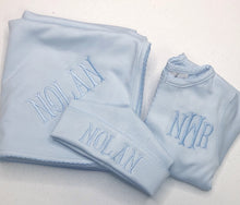 Load image into Gallery viewer, Baby boy coming home outfit, Monogrammed footie, Personalized Baby gift, Monogrammed sleeper, pima cotton, newborn
