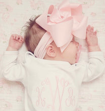 Load image into Gallery viewer, Monogrammed gown with matching bow, personalized baby gown, coming home outfit, monogram, newborn pictures, baby, custom
