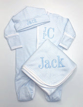 Load image into Gallery viewer, Baby boy coming home outfit,  baby gift, Monogrammed footie, Monogrammed sleeper, blue mini stripes
