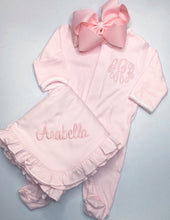 Load image into Gallery viewer, Baby girl coming home outfit, monogrammed footie, blanket, personalized outfit, pima cotton, baby shower gift, pink tiny stripes
