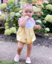 Load image into Gallery viewer, Girls Romper, monogrammed bubble, personalized sunsuit, baby girl clothing, 1st birthday gift, birthday outfit, tie bubble, yellow pink
