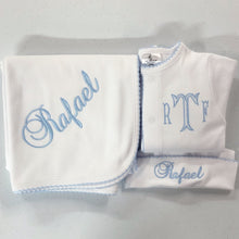 Load image into Gallery viewer, Baby boy coming home outfit, Monogrammed footie, Personalized Baby gift, Monogrammed sleeper, pima cotton, newborn pictures, shower gift
