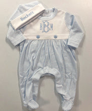 Load image into Gallery viewer, Baby boy coming home outfit, Monogrammed footie romper, Personalized Baby gift, sleeper, newborn pictures, blue mini stripe bib front footie
