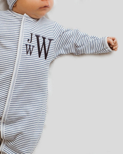 Baby boy coming home outfit,  baby gift, Monogrammed footie, Monogrammed sleeper, navy mini stripes