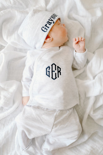 Baby boy coming home outfit, monogrammed coming home outfit, newborn coming home outfit, kimono set, pima cotton, sk creations, grey kimono