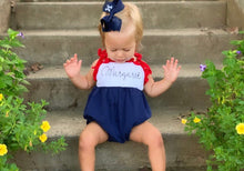 Load image into Gallery viewer, Girls Romper, fourth of july outfit, 4th, patriotic outfit, monogrammed bubble, personalized sunsuit, baby girl clothing,  birthday outfit
