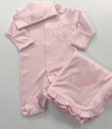 Baby girl coming home outfit, Monogrammed footie, Personalized Baby gift, Monogrammed sleeper, pima cotton, newborn pictures, shower gift