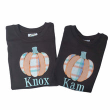 Load image into Gallery viewer, Boys Fall appliqué shirt, girls fall shirt, personalized pumpkin shirt, monogrammed fall shirt, sk creations, ruffle shirt, BB, ARB
