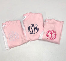 Load image into Gallery viewer, Baby girl coming home outfit, monogrammed footie, ruffle footie pink, newborn picture outfit, baby girl clothing, baby shower gift, pima
