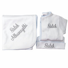 Load image into Gallery viewer, Baby boy coming home outfit, Monogrammed footie, Personalized Baby gift, Monogrammed sleeper, pima cotton, newborn pictures, shower gift
