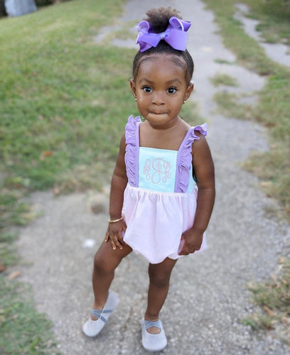 Monogrammed girls bubble, personalized bubble, summer outfit, pima cotton, sk creations, toddler outfit, pink, mint, lavender