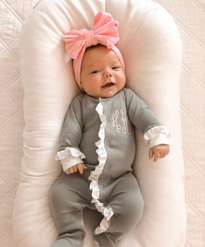 Baby girl coming home outfit, monogrammed footie, ruffle footie grey, newborn picture outfit, baby shower gift, girl clothing, pima cotton