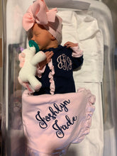 Load image into Gallery viewer, Baby girl coming home outfit, monogrammed footie, ruffle footie navy, newborn picture outfit, baby girl clothing, baby shower gift, pima
