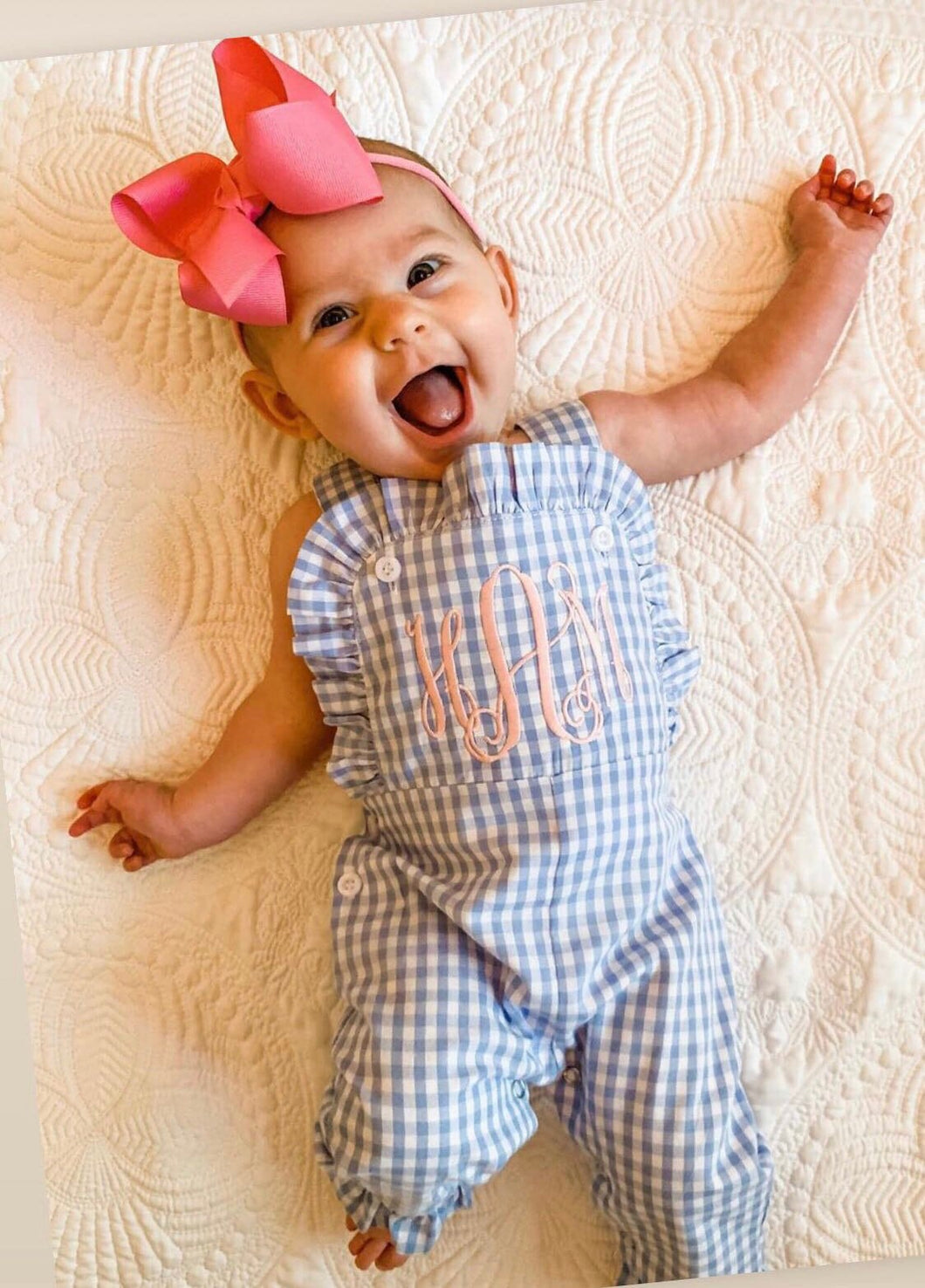 Monogrammed girls outfit, ruffle romper, ruffle longall, personalized girls romper, gingham, corduroy, LTC