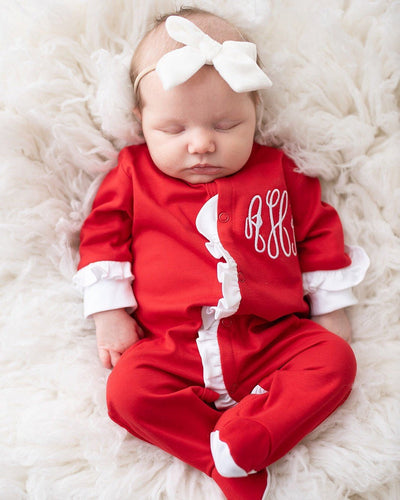 Baby girl Christmas outfit, baby girl coming home outfit, baby girl clothing, girl firefighter outfit, pima cotton, red ruffle footie