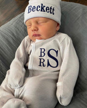 Load image into Gallery viewer, Baby boy coming home outfit, Monogrammed footie, Baby gift, Monogrammed sleeper, silver tiny stripes, sk creations, pima cotton, grey,
