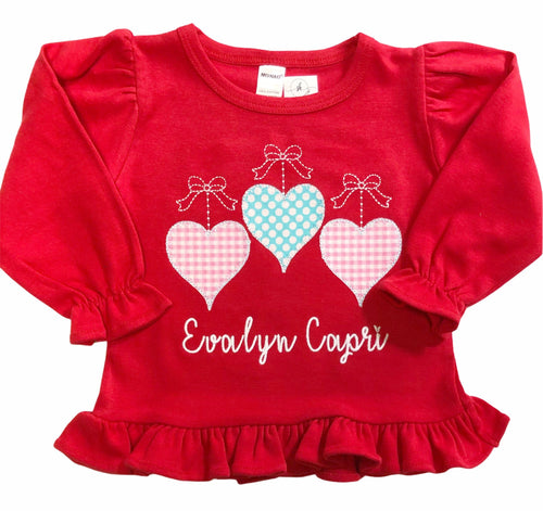 Girls Valentine's Shirt, Personalized Valentine Day Shirt, Girls Valentines day top, Sk Creations, heart trio