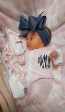 Load image into Gallery viewer, Baby girl coming home outfit, monogrammed footie, ruffle footie pink, newborn picture outfit, baby girl clothing, baby shower gift, pima
