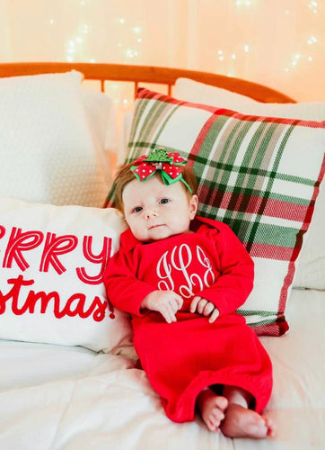 Baby girl Christmas outfit, Monogrammed Christmas gown with headband, newborn red and white outfit, baby Christmas pajamas