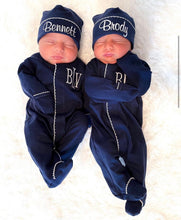 Load image into Gallery viewer, Baby boy coming home outfit, navy monogrammed footie and hat, sk creations, pima cotton
