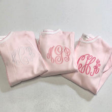 Load image into Gallery viewer, Baby girl coming home outfit, monogrammed footie, blanket, personalized outfit, pima cotton, baby shower gift, pink tiny stripes
