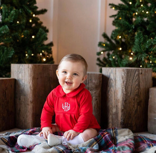 Baby boy Christmas outfit, monogrammed Christmas bubble, photo outfit, long sleeve bubble, pima cotton, baby boy collar outfit, red pleated