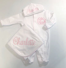 Load image into Gallery viewer, Baby girl coming home outfit, Monogrammed footie, Personalized Baby gift, Monogrammed sleeper, pima cotton, newborn pictures, shower gift
