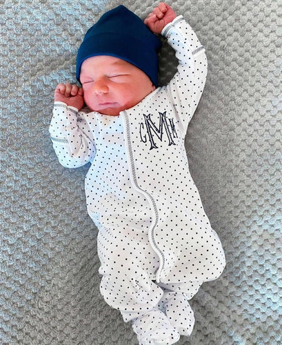 Baby boy coming home outfit, monogrammed footie, boys take me home set, personalized outfit, boys footie, pima cotton sk creations, navy dot