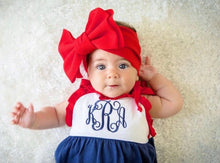 Load image into Gallery viewer, Girls Romper, fourth of july outfit, 4th, patriotic outfit, monogrammed bubble, personalized sunsuit, baby girl clothing,  birthday outfit
