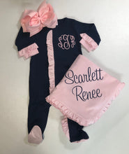 Load image into Gallery viewer, Baby girl coming home outfit, monogrammed footie, ruffle footie navy, newborn picture outfit, baby girl clothing, baby shower gift, pima
