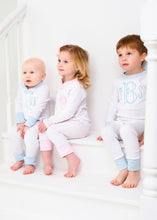 Load image into Gallery viewer, Monogrammed Pajamas, girls personalize pajamas, boys monogram pajamas, pima cotton pajamas, sibling pajamas, sk creations, pink and blue
