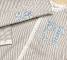 Load image into Gallery viewer, Baby boy coming home outfit, Monogrammed footie, Baby gift, Monogrammed sleeper, silver tiny stripes, sk creations, pima cotton, grey,
