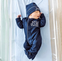 Load image into Gallery viewer, Baby boy coming home outfit, navy monogrammed footie and hat, sk creations, pima cotton
