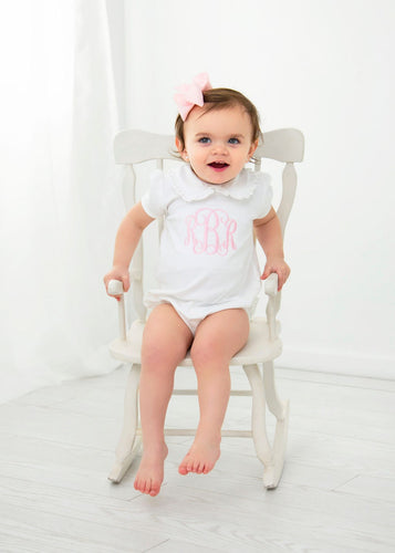 Monogrammed bubble, girls summer bubble, personalized, baby clothing, shower gift, ruffle collar, sk creations, pima cotton, baptism  outfit