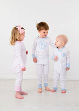 Load image into Gallery viewer, Monogrammed Pajamas, girls personalize pajamas, boys monogram pajamas, pima cotton pajamas, sibling pajamas, sk creations, pink and blue
