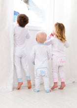 Load image into Gallery viewer, Monogrammed Pajamas, girls personalize pajamas, boys monogram pajamas, pima cotton pajamas, sibling pajamas, sk creations, pink and blue
