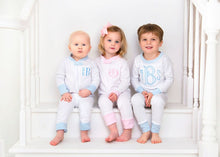 Load image into Gallery viewer, Monogrammed Pajamas, girls personalize pajamas, boys monogram pajamas, pima cotton pajamas, sibling pajamas, sk creations, pink and blue
