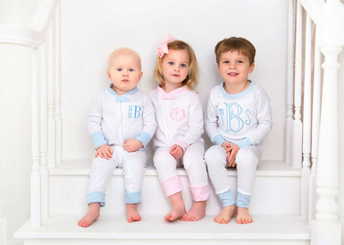 Monogrammed Pajamas, girls personalize pajamas, boys monogram pajamas, pima cotton pajamas, sibling pajamas, sk creations, pink and blue