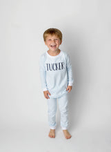 Load image into Gallery viewer, Matching Pajamas, girls personalize pajamas, boys monogram pajamas, pima cotton pajamas, sibling pajamas, sk creations, pink and blue
