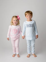 Load image into Gallery viewer, Matching Pajamas, girls personalize pajamas, boys monogram pajamas, pima cotton pajamas, sibling pajamas, sk creations, pink and blue
